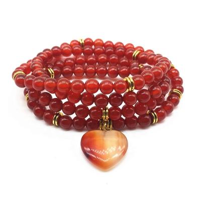 China CLASSIC Natural Carnelian Agate Red Round Stone Bead Mala Bracelets 6mm Bead Elastic Heart Charm Bracelet For Drop Shipping for sale