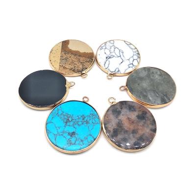 China Nickel Free Wholesale Natural Stone Pendants Round Slice Plate With 18K Gold Plating Bezel For DIY Women Necklace Pendant for sale