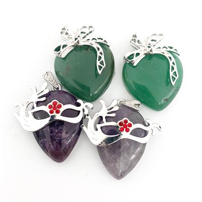 China Nickel Free Natural Stone Heart Fashion Pendant Jewelry With Metal Hanger Antique Amethyst Jade Pattern For DIY Making Necklace for sale