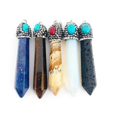 China CLASSIC Natural Long Pendant Drop Jewelry with Metal Cover Covered Paved Crystals and Cabochons for DIY Making Necklace for sale