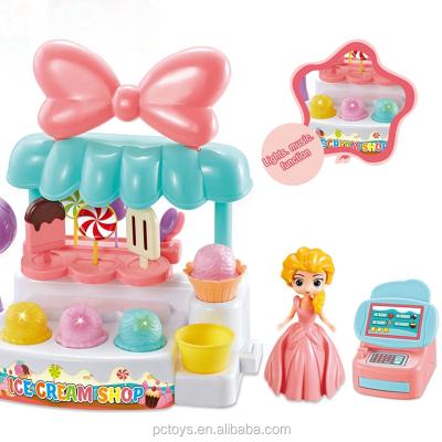 China Plastic Kitchen Sets Toy Cooking Cabinet Pink And White Kids For Girls Ice Cream Shop With Music And Light for sale