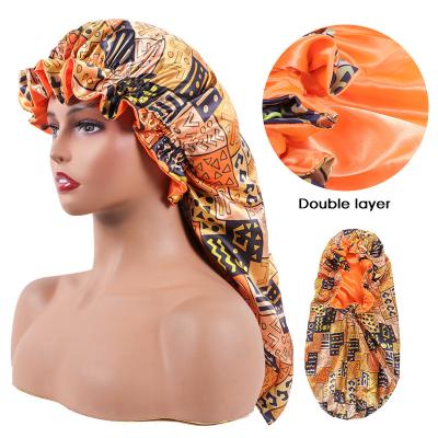 China Sleep hoods with double layer african geometric satin nightcap long funky print headdress makeup hood black strip belt wash bonnet for ladies for sale