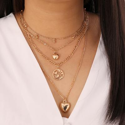 China Fashion Wholesale Women Fashion Jewelry 4 Layers Luxury Heart Chain Necklace Gold Pendant Necklace Stainless Steel Heart Necklace for sale