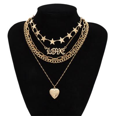 China Wholesale Fashion Women Shape Stainless Steel Jewelry Word Love Necklace 5 Gold Chain Necklace Heart Pendant Layered Statement Necklace for sale