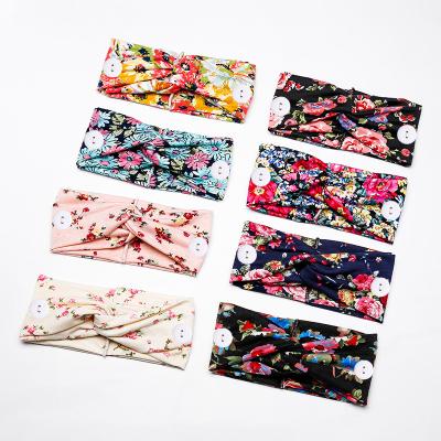 China Reduce Ear Pain Amazon Hot Wholesale Hair Accessories For Nurse Sweat Absorbing Flower Printed Nurse Stretchy Headbands With Buttons for sale