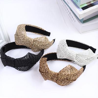 China Party Holiday Daily Life Hair Straw Braided Headband Woven Band Cross-tied Simple Wide Brimmed Headband Hair Accessories Gather For Girls for sale