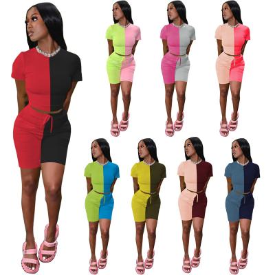 China 2021 QUICK DRY new arrived short 2 piece set women spliced ​​contrast color ladies summer 2 piece sets two piece set outfits for sale