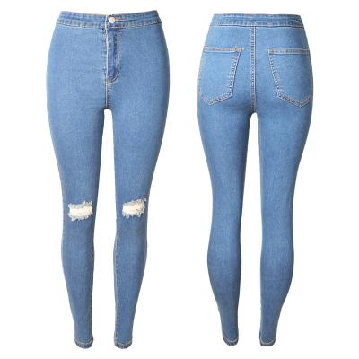 China 2021 Breathable Female Blue Jeans Pants Women Stretch Comfortable Hole Pants Elastic Ripped Trousers For Ladies for sale