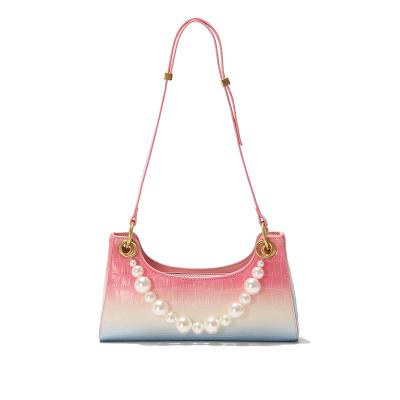 China Fashion 2021 new beads chain female handbag gradient color high quality crocodile pattern shoulder bag for sale