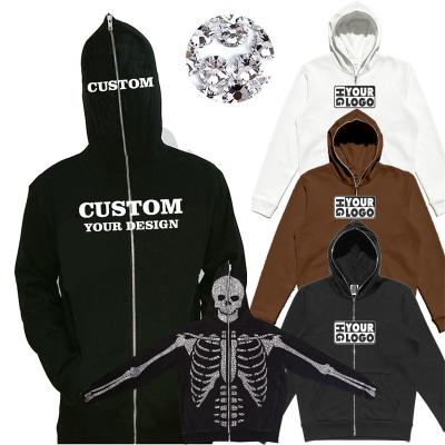 China Custom Blank Black Oversized Men's Zipper Full Face Skeleton Rhinestone Transfer Cotton Rhinestone Transfer 100% Streetwear Hoodie Anti-Shrink Cotton for sale