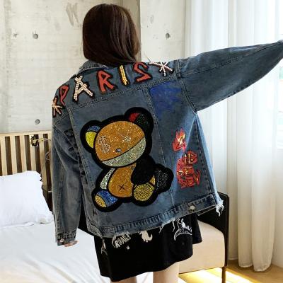 China Spring Reversible Rhinestone Beads Plus Size Women's Loose Long Sleeve Bling Bead Beaded High Quality Ladies Denim Jeans Jackets for sale