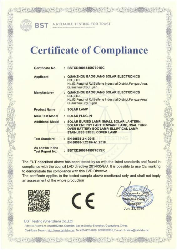 CE - Quanzhou Baoguang Solar Electronics Co., Ltd.