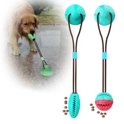 China Suction Cup Food Dispensing Viable Puppy Teeth Cleaning Rope Ball Pet Molar Squeaky Interactive Chew Tug Toy with Built-in Bell for sale