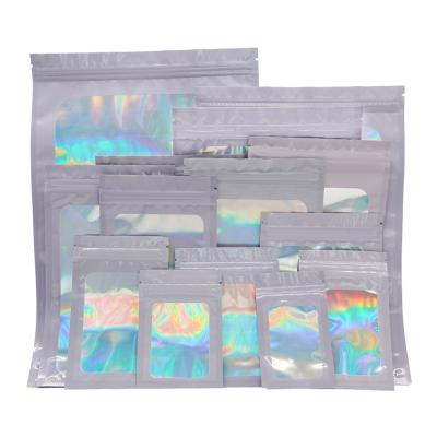 China Recyclable Custom Holographic Jewelery Bag Phone Case Recyclable Holographic Jewelry Pouch Laser Zipper Gold Mylar Plastic Sealing Metallic Bag for sale