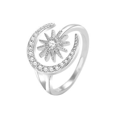 China Romantic Wholesale S925 Silver Open Ring Resizable Crescent Moon Star Ring Fashion Jewelry for sale