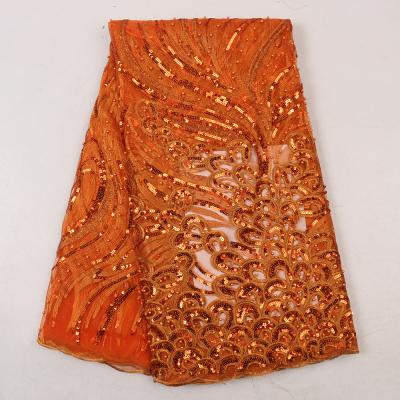 China Nigeria 2020 Sustainable Burnt Orange African Sequins Lace Up Blue Sequins Lace Up Fabric for sale