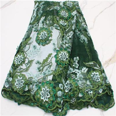 China Large Embroidery African Heavy Handmade Beaded Lace Viable Green Luxury Tulle Lace Fabric For Dress 4308B for sale