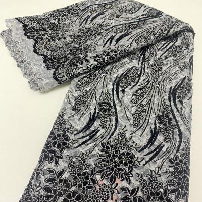 China Viable Velvet Flocking Sequins Lace Fabric Gray Color French Sequence Lace For Evening Dress 4139B for sale