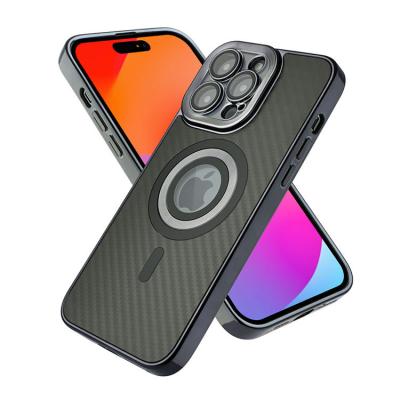 China Carbon fiber texture PC Visible Logo color plating tpu shockproof phone case for iphone with magnetic ring camera lens protection for sale