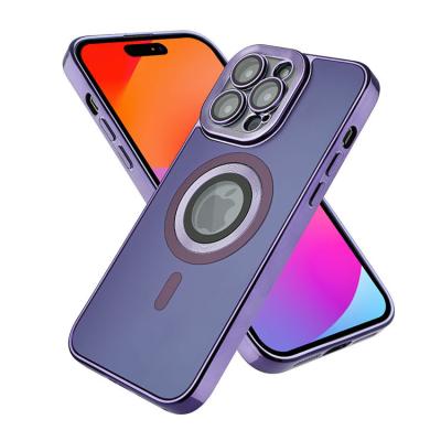 China Visible Logo shockproof color PC AG tpu electroplating phone case for iphone with magnetic ring camera protection for sale