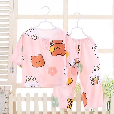 China Slim Anti-wrinkle Summer Baby Home Clothes Kids Three Quarter Sleeves Fit Children's Silk Cotton Pajamas Set for sale