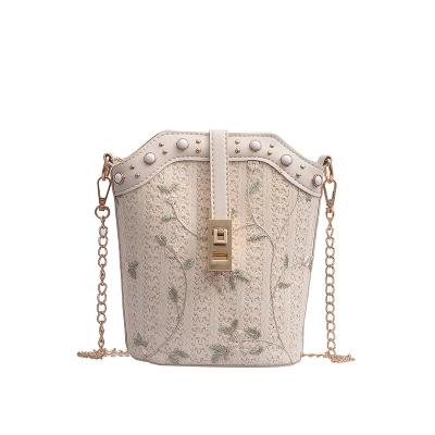 China New Water Resistant Straw Woven Handbag Female Korean Style Western Style Lace Bucket Bag Fashion Woven Chain One-Shoulder Diagonal Bag for sale