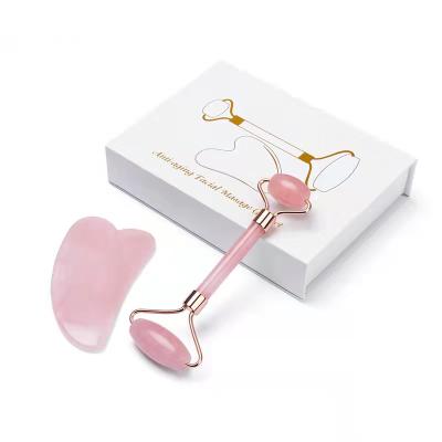 China Wholesale Face Gemstone Massage Factory Pink Jade Roller With Gua Sha Stone Rose Quartz Roller With Gua Sha Stone for sale