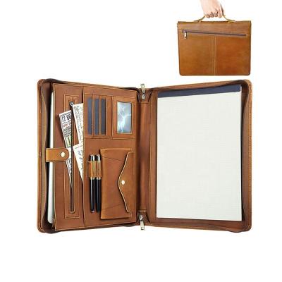 China Business Zippered Folder Padfolio Folder with Handle for Ipad A4 Business Men Zipper Resume Folder Genuine Leather Folder for sale