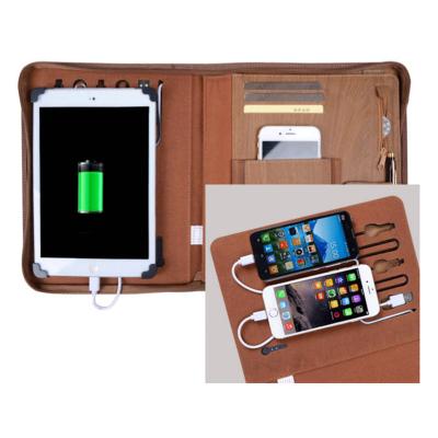 China Hot Selling PU Power Bank Zipper Folder Business Office Conference Document Organizer A4 Leather Folder for sale