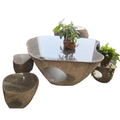 China Natural Stone Court Stone Natural Stone Table Integrated Table And Chair Natural Pebbles Stone Table And Chairs for sale