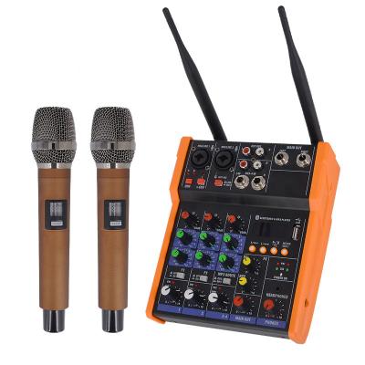 China Noise Canceling Portable Mini Mixer USB 4 Channel Audio Mixer with Wireless Microphone for Live Home Music Mobile Production for sale