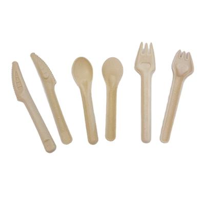 China 100% Biodegradable Occasional Soup Spoon Knife Fork Sugar Cane Sugarcane Bagasse Cutlery Set for sale