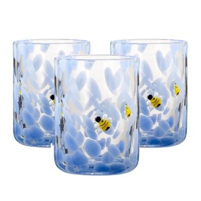 China Fancy Blue Dotted Drinking Glass Cup Samlife Maxican Open Rim Cute Bee Pattern Custom To Color Drinking Glass Blue Dotted Cup for sale