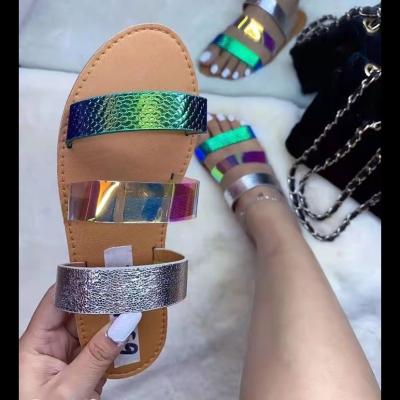 China 2021 Summer New Cheap Women's Flat Slippers Ladies PDEP Sandals and Slides Waterproof Glittering Flats Outside for sale