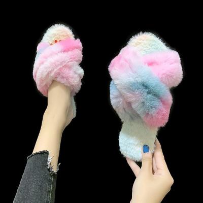 China Trend PDEP 2021Fur Fashion Open-Toe Flat Bottom Slippers Women Winter New Blurred Home Slippers Non-slip Cotton Sandals for sale