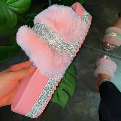 China Cheap fashion trend summer home fur slippers rhinestone women slides freeze diamond platform outdoor ladies bling sandals for sale