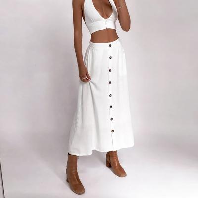 China Anti-static European and American women's long skirt new high skirt a-line canvas skirt spring and summer cotton waist all-match button design for sale