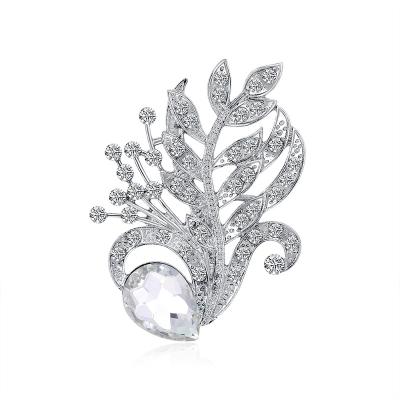 China Large ALLOY Rhinestone Silver Foil Plant Brooches For Women Enamel Brooch Pins Jewelry Accessory for sale