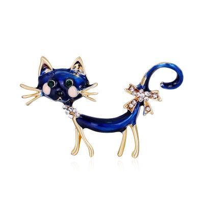 China Crystal Czech Rhinstone Cat Brooches Women Blue Enamel Cute Cat Animal Pet Casual Office Brooches Pins Gifts for sale