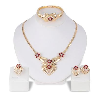 China Hollow Ring Bracelet Party Accessories Fashion Jewelry Set Gold-color Love Acrylic Red Heart Flower Pendant Necklace Earrings for sale