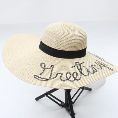 China Wholesale Striped Summer Ladies Beach Hat Customized Embroidered Wide Sun Hat Paper Floppy Straw Hat for sale