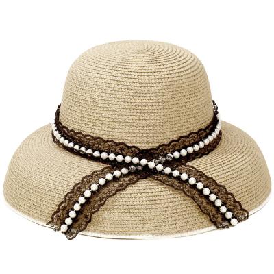 China OEM Striped Wholesale Custom Women Beach Sun Straw Hat Travel Foldable Brim Summer UV Hat With Lanyard for sale