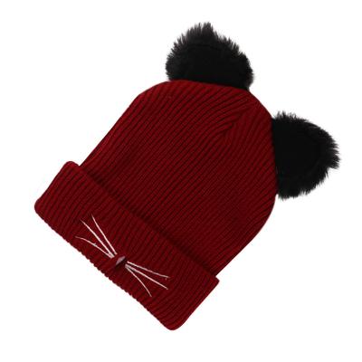 China COMMON knitted pattern Cat Ear Warm Beanie Hat for kids custom embroidery knit Beanie With Cat Ears Adult for sale