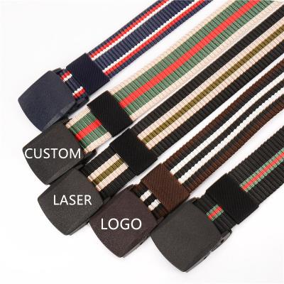 China Custom Laser Logo Cheap Stripe Nylon Endless Woven Canvas Fabric Nylon Waist Belt With Removable Resin Buckle for sale