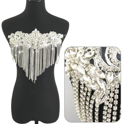 China Flatback W013 beaded bodice applique gold rhinestone applique bridal shoulder applique for dress for sale