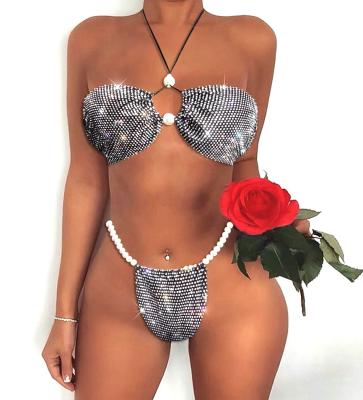 China S592 new fashion breathable high quality see hot sale lady's crystal bikini women's swimwear with rhinestone for sale