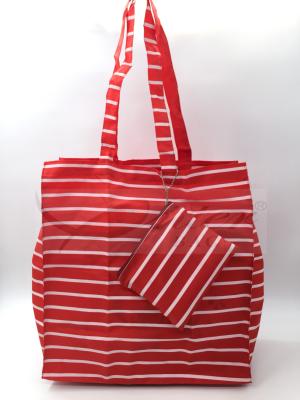 China Red Stripe Polyester Reusable Shopping Bags With Pouch OEM / ODM Available for sale