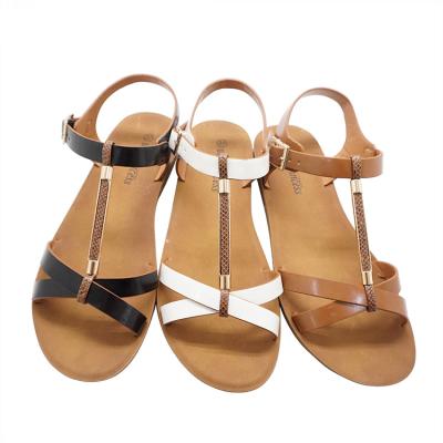 China EVERGREEN Style Lady Summer Fashionable Buckle Walking PU Comfortable Unique Ladies Flat Sandals for sale