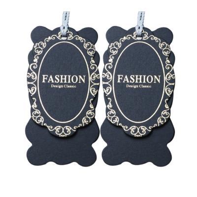 China Sustainable Luxury Custom Apparel Printing Logo Spot UV Design Black Paper Garment Tags Swing Hang Tag Black for sale