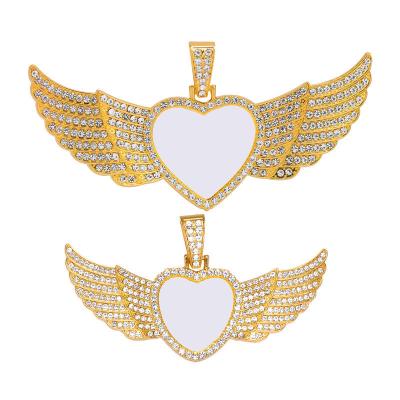 China High Quality Custom Pictures Hip Hop Angle Wings Rotating Heart Rhinestone Masks Pendant Jewelry For Sublimation Necklace for sale